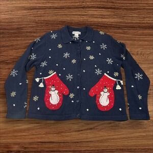 Dressbarn Women's‎ Christmas Cardigan Sweater Holiday Snowman Snowflake Blue